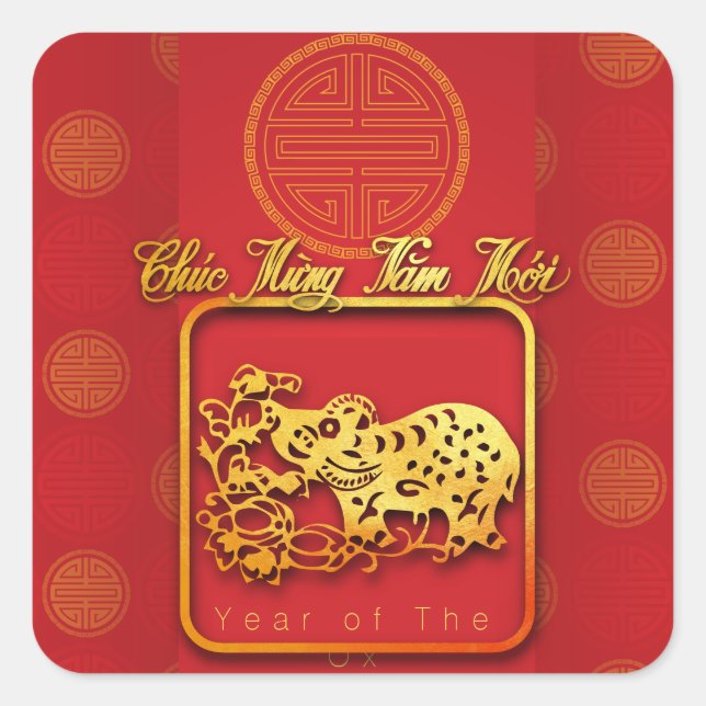 Sticker Carré Nouvel an vietnamien OX papier coupé Red SqS (Devant)