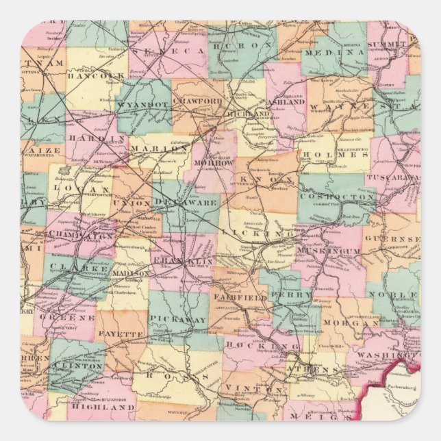 Sticker Carré Nouvelle carte de voie ferrée de l'état de l'Ohio (Devant)