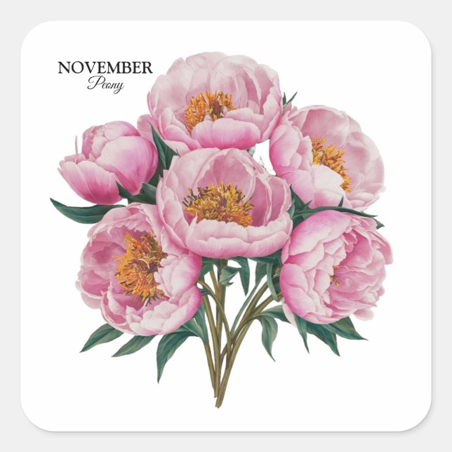 Sticker Carré Novembre Peony Bloom - Cadeau d'anniversaire perso (Devant)