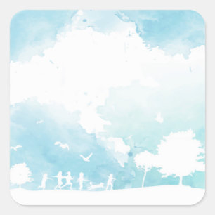 Sticker Carré Nuages d'été Ciel bleu Enfants jouant de l'aquarel