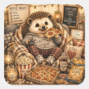 Sticker Carré Nuit de cinéma mignonne et cosy avec hérisson en a