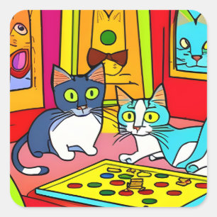 Sticker Carré Nuit de jeu de chats amusants