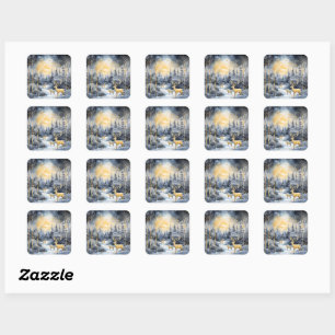 Sticker Carré Nuit de Noël Sky River Stars Blue Wildlife