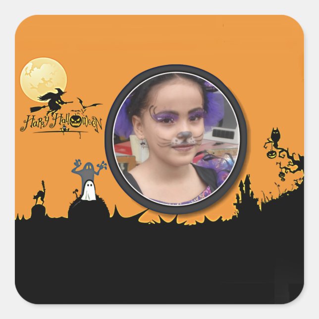 Sticker Carré Nuit d'Halloween à Orange Glow Ajouter votre photo (Devant)