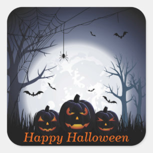 Sticker Carré Nuit d'Halloween avec araignée Citrouille et chauv