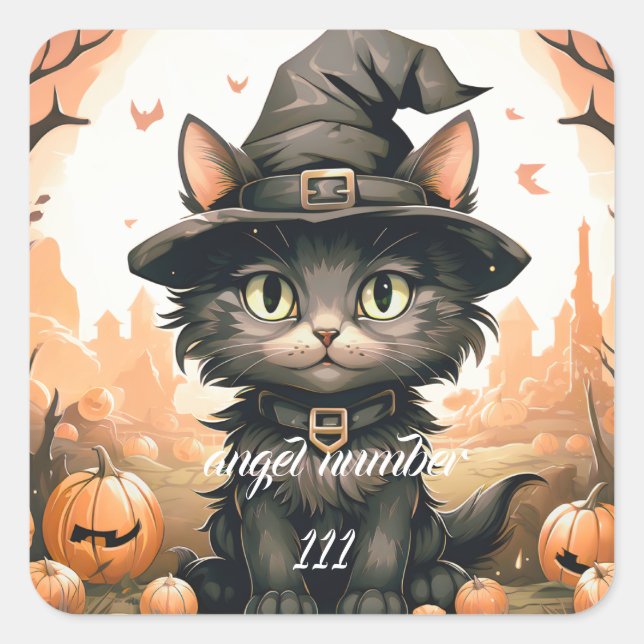 Sticker Carré numéro d'ange personnalisé Halloween chat noir (Devant)