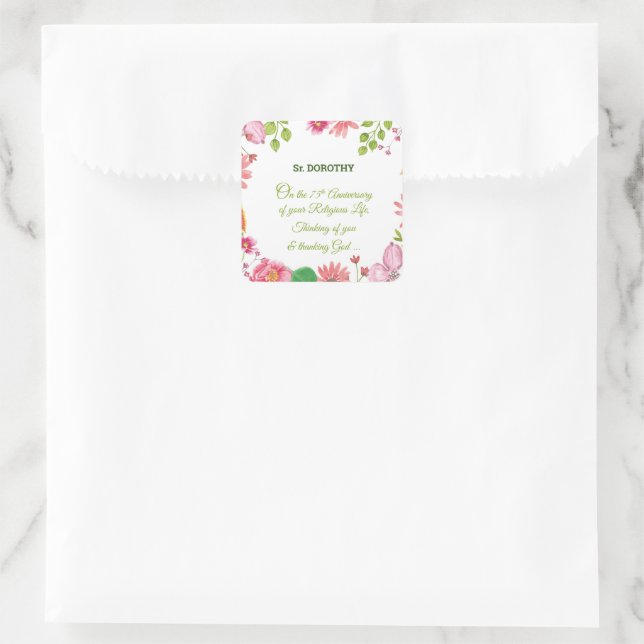 Sticker Carré Nun Religious 75e Anniversaire Fleurs aquarelles (Sac)