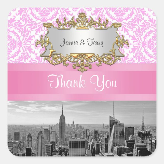 Sticker Carré NY City Skyline BW D4P Rose White Damask Merci (Devant)