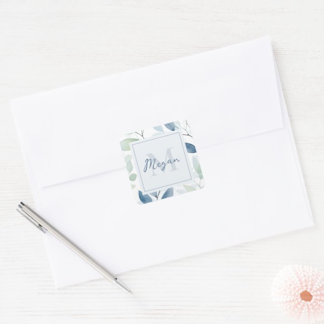 Sticker Carré Oasis Tranquille Aquarelle Feuilles Monogramme et  (Enveloppe)