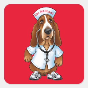 Sticker Carré Obtenir le basset Wellhowl en tenue infirmière