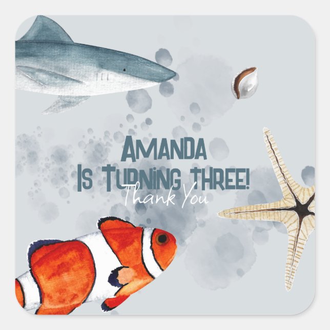 Sticker Carré Ocean Animals Shark Anniversaire de enfant Party B (Devant)
