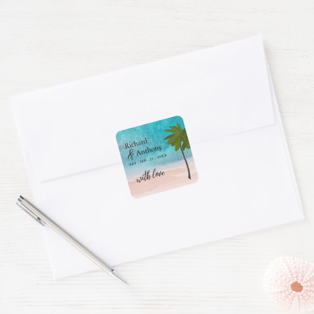 Sticker Carré Ocean Beach Palm Tree Wedding Favoriser (Enveloppe)