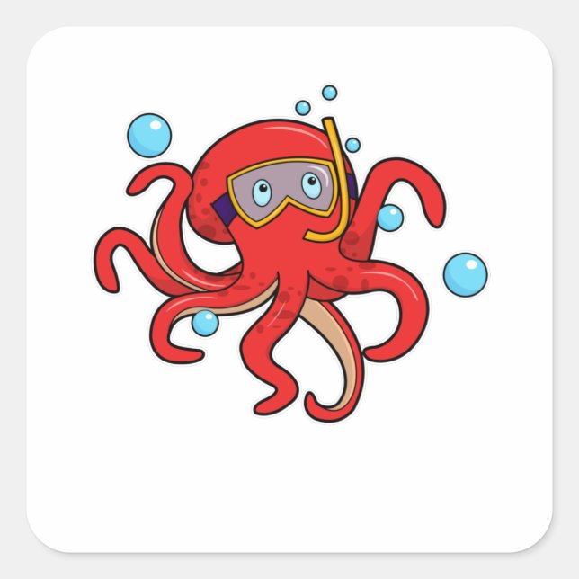 Sticker Carré Octopus à la plongée avec lunettes de natation (Devant)