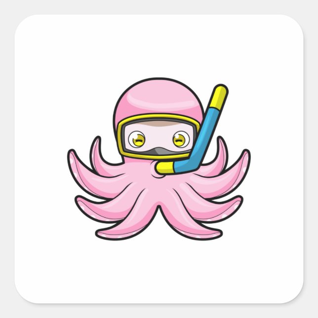 Sticker Carré Octopus à la plongée avec tuba et lunettes de nata (Devant)