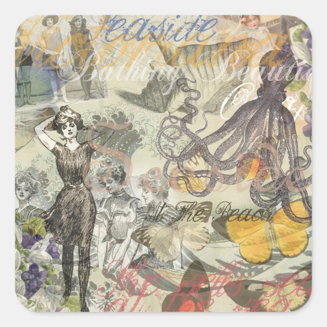 Sticker Carré Octopus Beach Antique Côte Steampunk (Devant)