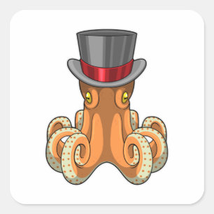 Sticker Carré Octopus comme Gentleman avec chapeau supérieur