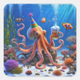 Sticker Carré Octopus d'anniversaire avec une bière