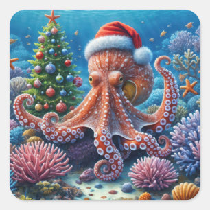 Sticker Carré Octopus de Noël portant un chapeau de Père Noël