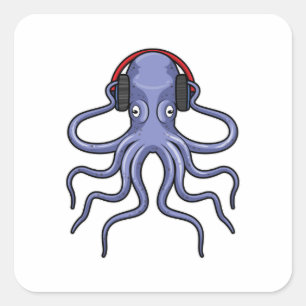 Sticker Carré Octopus en musique avec casque
