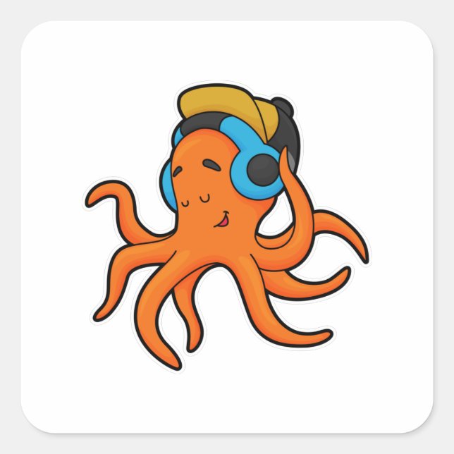 Sticker Carré Octopus en musique avec casque (Devant)