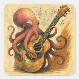 Sticker Carré Octopus Jouer Guitare Musique Vintage Art