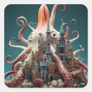 Sticker Carré Octopus World Imaginaire sous-marin Océan Abstrait