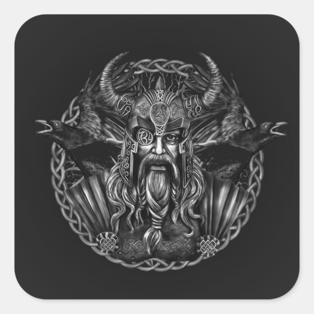 Sticker Carré Odin et ses corbeaux Huginn et Muninn (Devant)