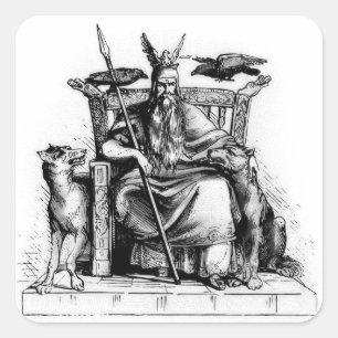 Sticker Carré Odin ravens on his stone throne viking mythology