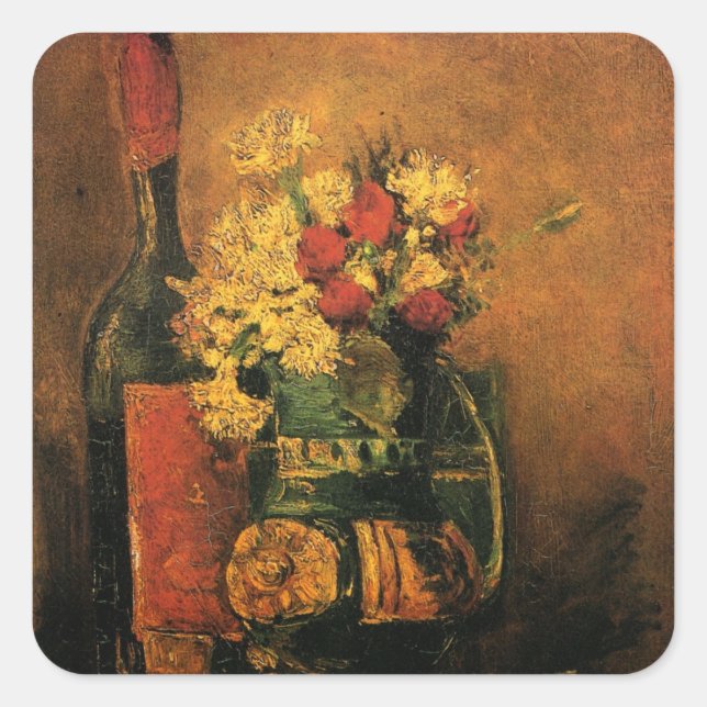 Sticker Carré Oeillets, Roses et une bouteille de Vincent van Go (Devant)