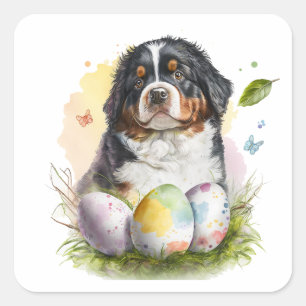 Sticker Carré Oeuf de Pâques de Chien de Montagne Bernais, Pâque