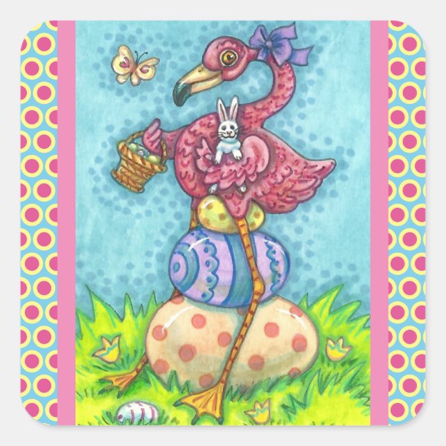 STICKER CARRÉ OEUFS DE PÂQUES ET FLAMANT ROSE ROSE BÉBÉ AVEC BUN (Devant)
