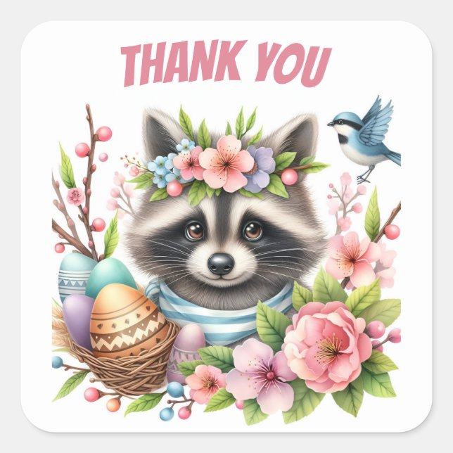 Sticker Carré Oeufs et fleurs de ratons de l'aquarelle de Pâques (Devant)