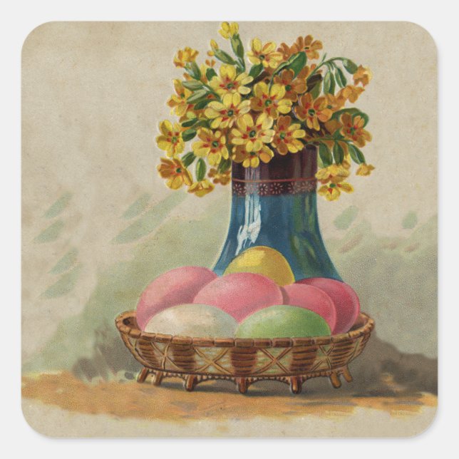 Sticker Carré Oeufs Pâques Panier Fleurs Antique (Devant)