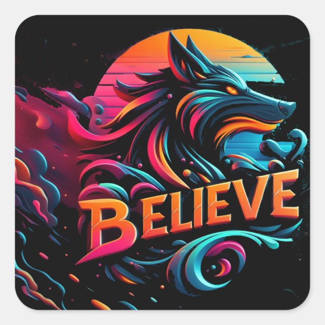 Sticker Carré Oeuvre numérique dynamique avec un loup stylisé (Devant)