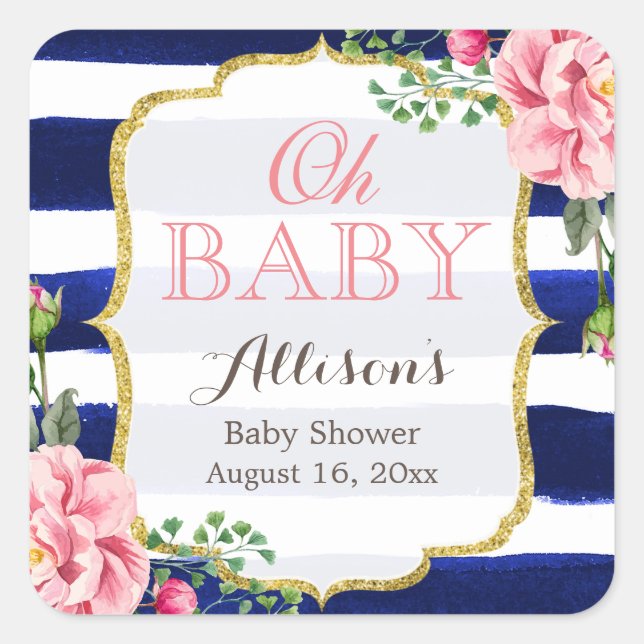 Sticker Carré Oh Baby shower mignon rose Floral Marine Bleu Stri (Devant)