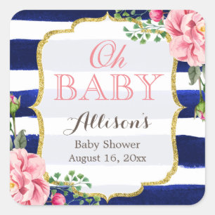 Sticker Carré Oh Baby shower mignon rose Floral Marine Bleu Stri