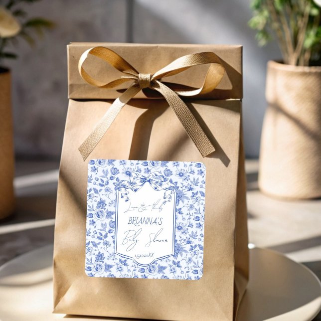 Sticker Carré Oh bébé bleu toile croquis baby shower faveur (Oh baby blue toile de jouy ribbon bow sketch baby shower thank you favor sticker personalized favors)