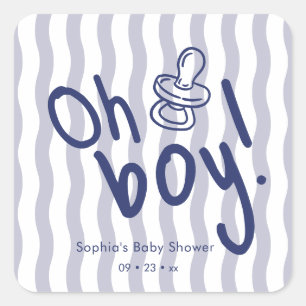 Sticker Carré Oh Garçon Bleu Rayures Ondulées Baby Shower