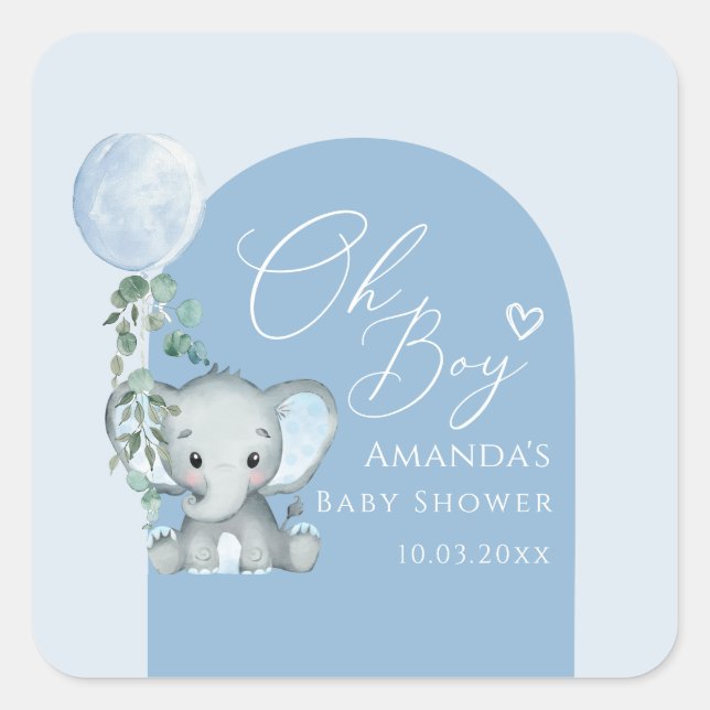 Sticker Carré Oh Garçon éléphant avec Baby shower à ballon (Devant)