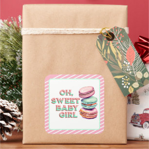 Sticker Carré Oh Sweet Baby Girl Macaron Baby shower à thème