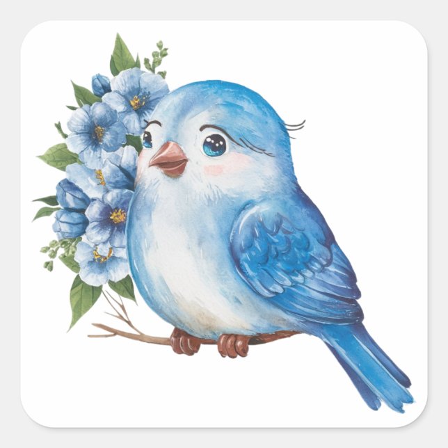 Sticker Carré Oiseau bleu avec fleurs (Devant)