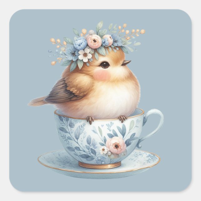 Sticker Carré Oiseau bleu mignon avec couronne florale en Teacup (Devant)