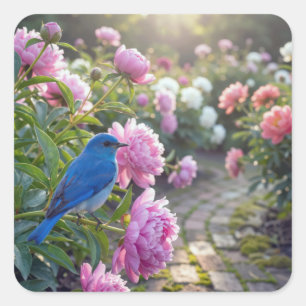 Sticker Carré Oiseau bleu sur une pivoine rose
