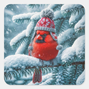 Sticker Carré Oiseau cardinal rouge portant un Casquette d'hiver
