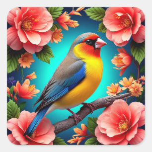 Sticker Carré Oiseau chanteur perché parmi des fleurs éclatantes