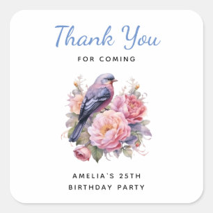 Sticker Carré Oiseau chanteur sur pivoines roses Merci pour votr