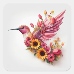 Sticker Carré Oiseau colibré volant avec des fleurs