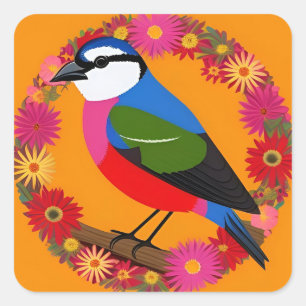 Sticker Carré Oiseau Coloré Perché Parmi Des Fleurs Vibrantes