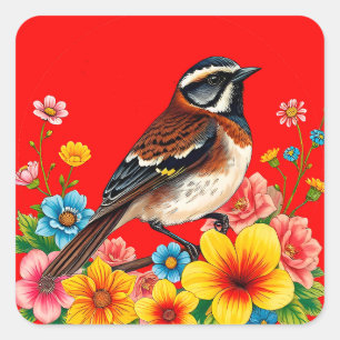 Sticker Carré Oiseau Coloré Perché Parmi Les Fleurs