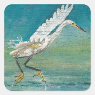 Sticker Carré Oiseau côtier d'aigrettes Peinture du lac Ocean